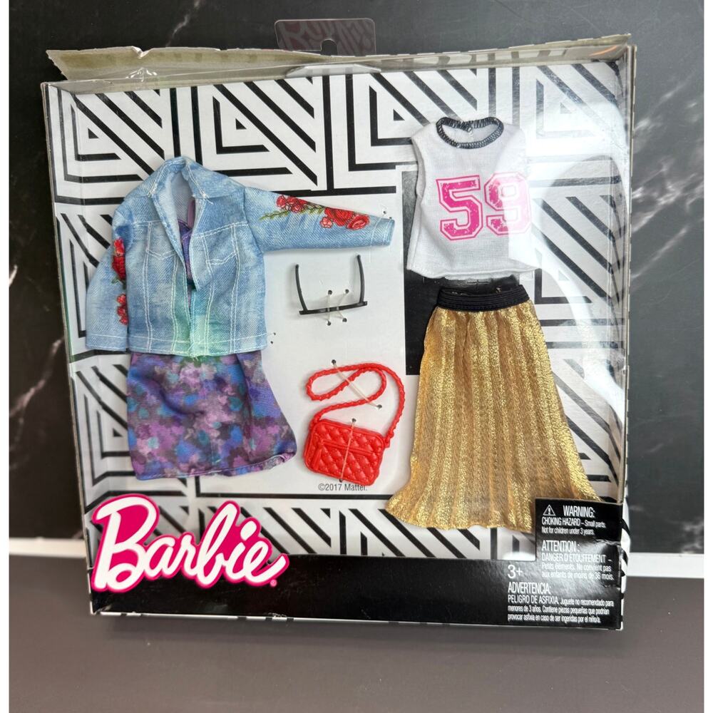 2017 NIB Barbie Fashion Trucker Jacket Floral Skirt Tank Pleated Gold Skirt More